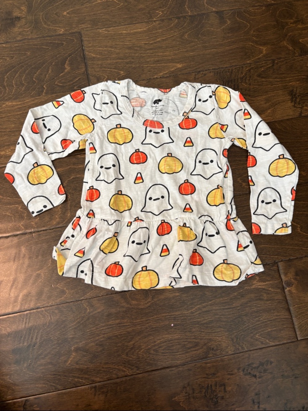 Girls' Halloween Ghost & Pumpkin Peplum Top - White with Orange & Yellow